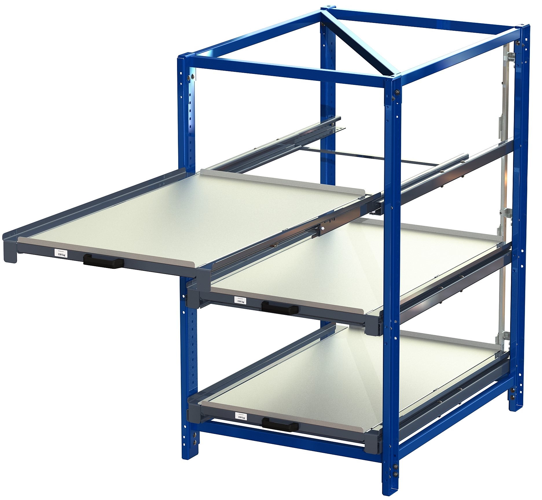 Industribyrå med tippskyddslås, kortsidehanterat, 100% utdragskapacitet, 150 kg lastkapacitet, 3 hyllplan Industribyrå med tippskyddslås, kortsidehanterat, 100% utdragskapacitet, 150 kg lastkapacitet, 3 hyllplan