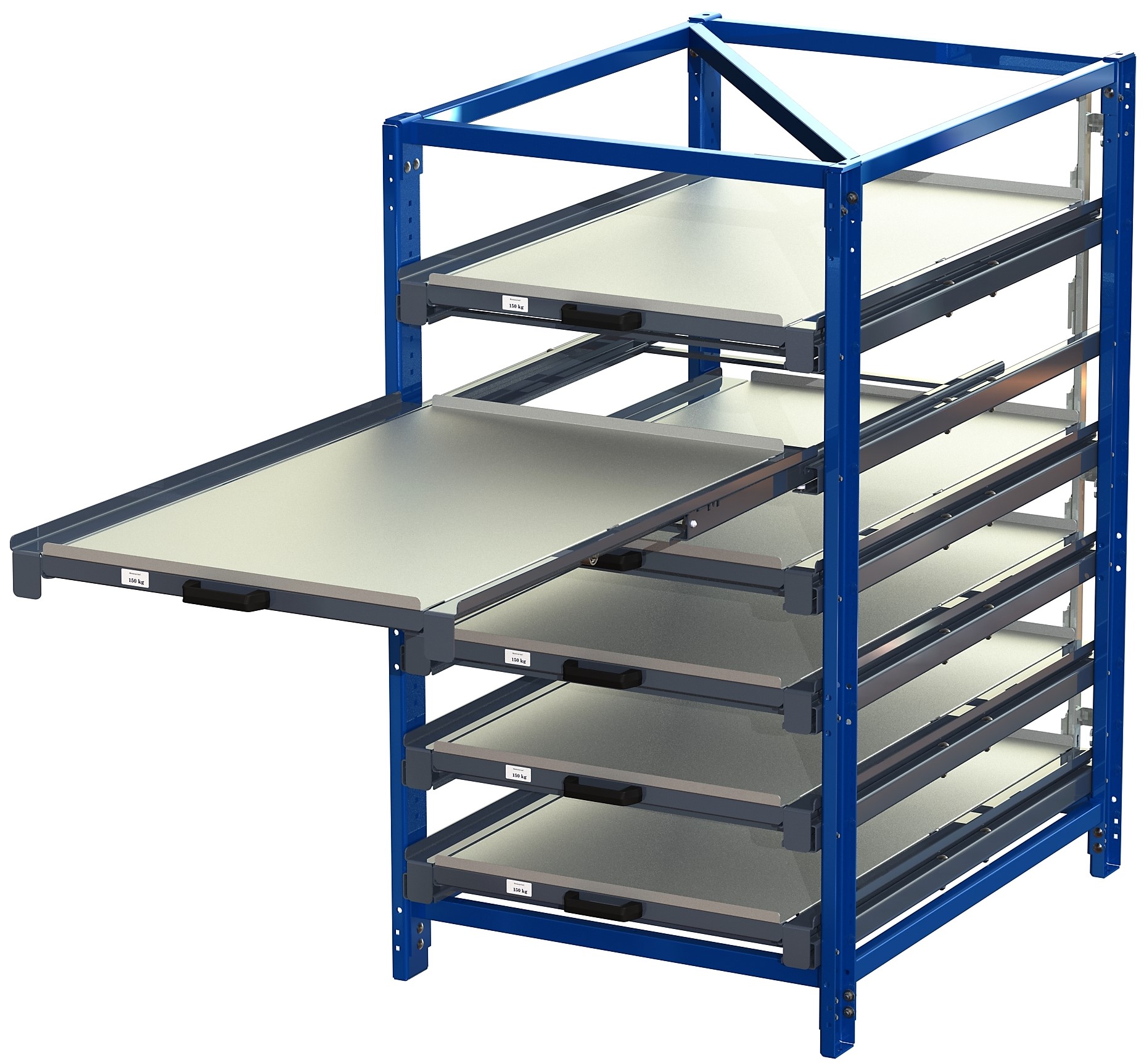 Industribyrå med tippskyddslås, kortsidehanterat, 100% utdragskapacitet, 150 kg lastkapacitet, 6 hyllplan