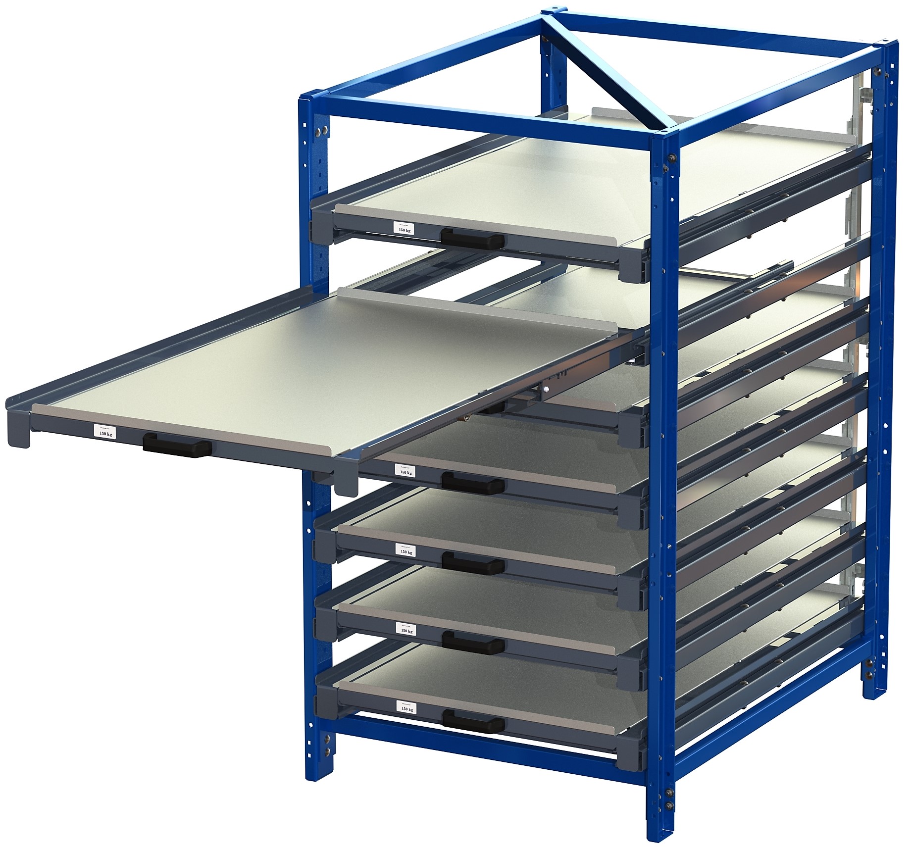 Industribyrå med tippskyddslås, kortsidehanterat, 100% utdragskapacitet, 150 kg lastkapacitet, 7 hyllplan Industribyrå med tippskyddslås, kortsidehanterat, 100% utdragskapacitet, 150 kg lastkapacitet, 7 hyllplan