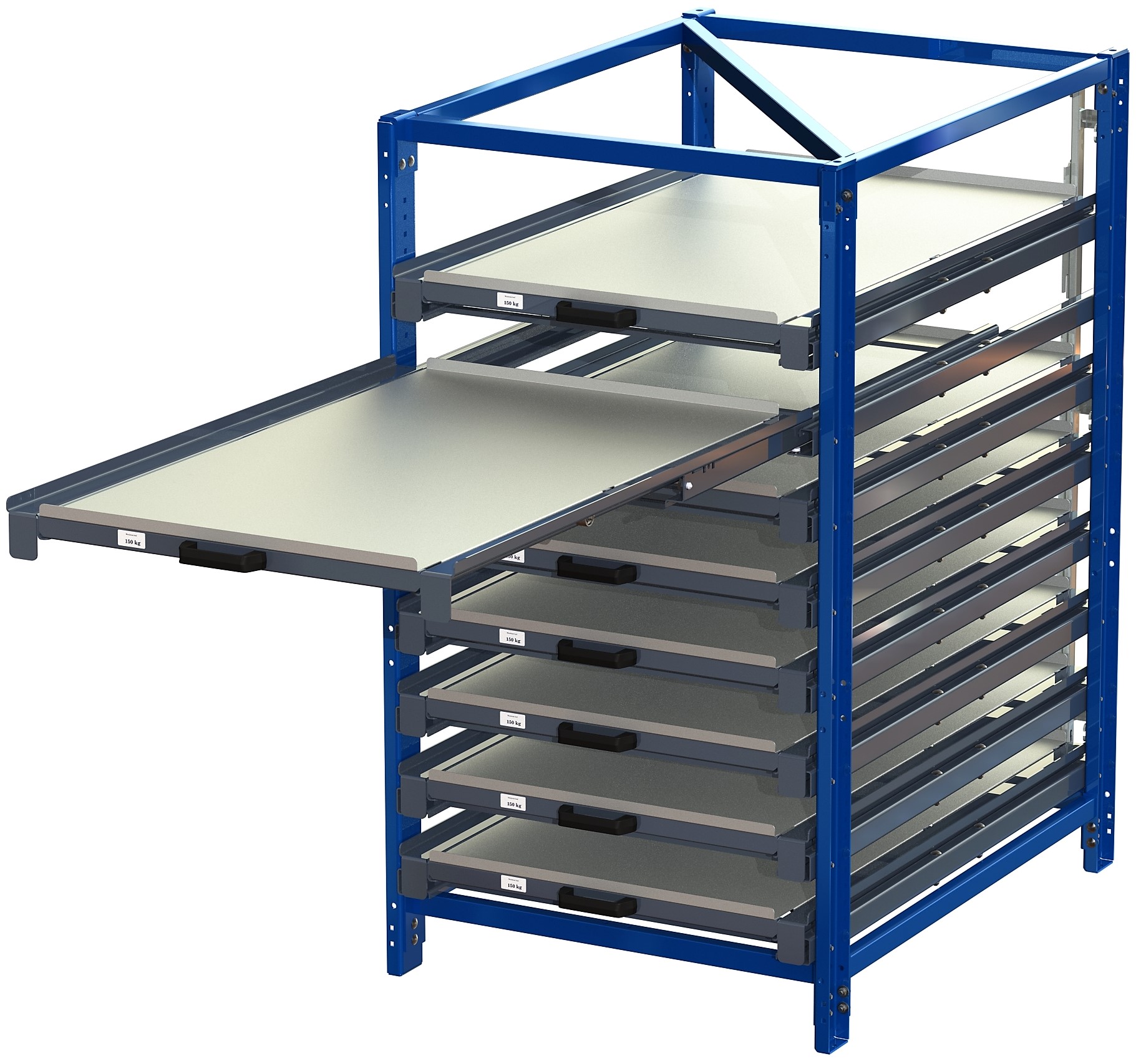 Industribyrå med tippskyddslås, kortsidehanterat, 100% utdragskapacitet, 150 kg lastkapacitet, 8 hyllplan Industribyrå med tippskyddslås, kortsidehanterat, 100% utdragskapacitet, 150 kg lastkapacitet, 8 hyllplan